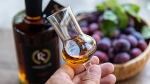 Degustacija rakije u čaši uz flašu i šljive